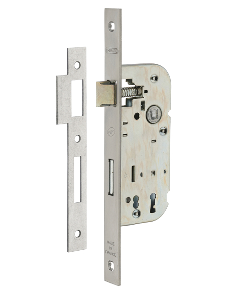 Serrure encastrable NF à clé pour porte de chambre, axe 40mm, bouts carrés, inox, 1 clé - THIRARD Serrures encastrables