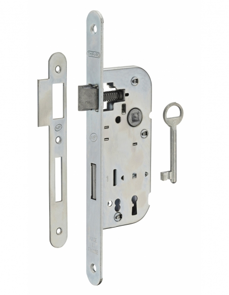 Serrure encastrable NF à clé pour porte de chambre, axe 40mm, bouts ronds, finition inox, 1 clé - THIRARD Serrures encastrables