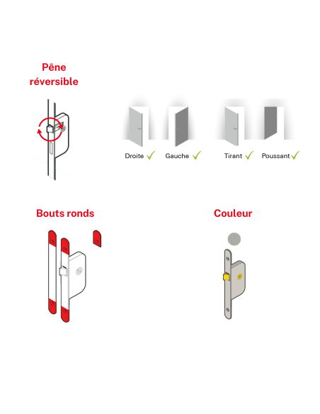 Serrure encastrable NF à clé pour porte de chambre, axe 40mm, bouts ronds, finition inox, 1 clé - THIRARD Serrures encastrables