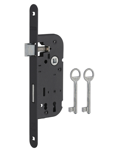 Serrure encastrable à clé pour porte de chambre, axe 40mm, bouts ronds, 1 tour, noir, 2 clés - THIRARD Serrures encastrables