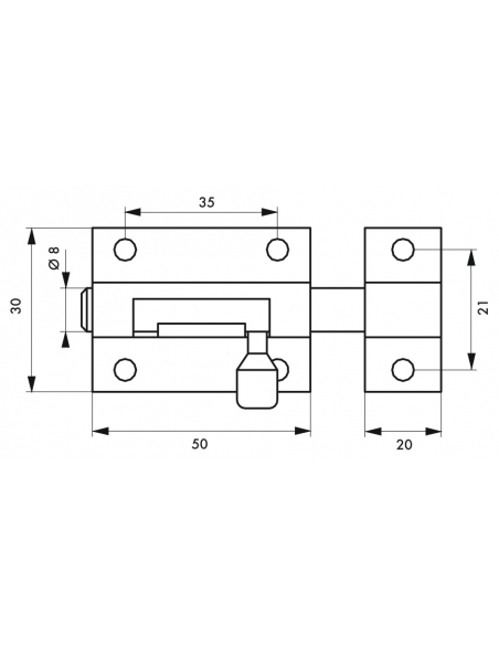 Targette pour porte de meuble, laiton, pêne Ø 8mm, 50x30mm - THIRARD Targette