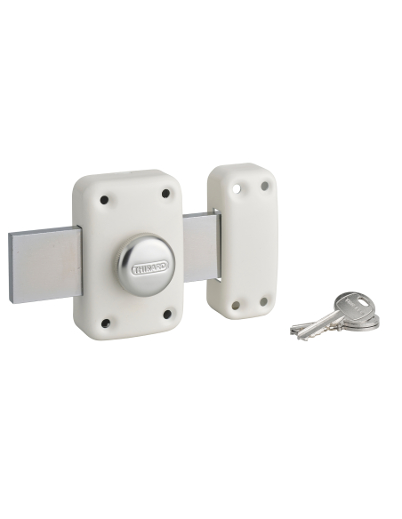 Verrou à bouton Apache pour porte de garage, cylindre 40mm, pêne 160mm, acier, 3 clés, époxy or - THIRARD Verrou de porte