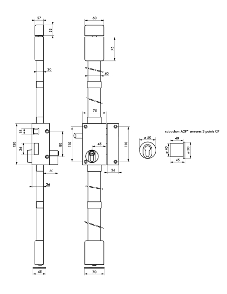 Serrure en applique Targa A2P* à tirage pour entrée, gauche, 3pts, Transit2 30x65mm, axe 45mm, or, 4 clés - THIRARD Serrure 3...