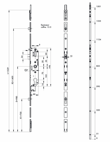 Boitier de serrure enc. Fenster à cylindre pour porte fenêtre, axe 28mm, 4pts, H. 1529mm, 6-33160-06-0-1 - FERCO by THIRARD FBA