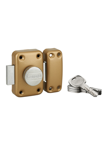 Verrou à bouton Transit 2 pour porte d'entrée, cylindre 80mm, 4 clés, époxy or - THIRARD FBA