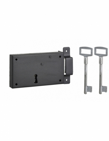 Serrure horizontale en applique à clé pour porte de cave, pêne seul, droite, axe 80mm, 140x80mm, noir, 2 clés - THIRARD FBA