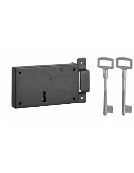 Serrure horizontale en applique à clé pour porte de cave, pêne seul, droite, axe 80mm, 140x80mm, noir, 2 clés - THIRARD FBA