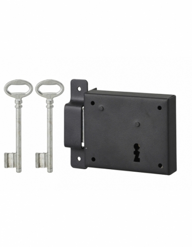 Serrure horizontale en applique à clé pour porte de cave, pêne seul, gauche, axe 60mm, 95x76mm, noir, 2 clés - THIRARD FBA