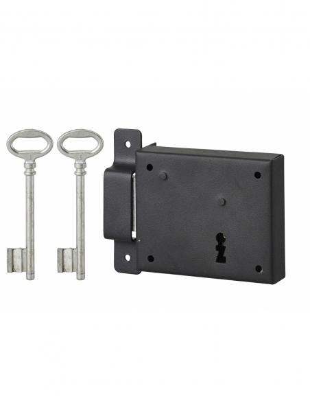 Serrure horizontale en applique à clé pour porte de cave, pêne seul, gauche, axe 60mm, 95x76mm, noir, 2 clés - THIRARD FBA