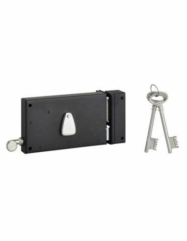 Serrure horizontale en applique 4 gorges à tirage pour porte d'entrée, droite, axe 70mm, 140x82mm, noir, 2 clés - THIRARD FBA
