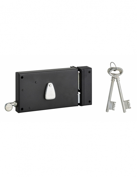 Serrure horizontale en applique 4 gorges à tirage pour porte d'entrée, droite, axe 70mm, 140x82mm, noir, 2 clés - THIRARD FBA