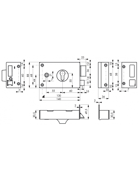 Boitier de serrure horizontale en applique double entrée à fouillot pour portail, droite, axe 60mm, 140x88mm, noir - THIRARD FBA