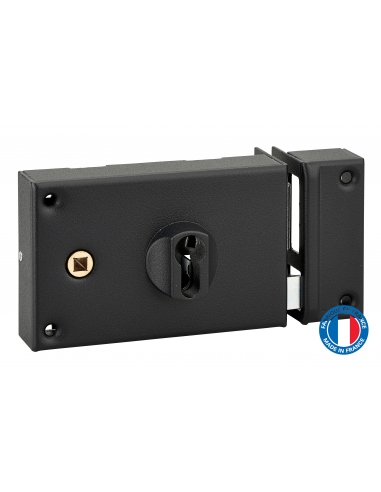 Boitier de serrure horizontale en applique double entrée à fouillot pour portail, droite, axe 60mm, 140x88mm, noir - THIRARD FBA