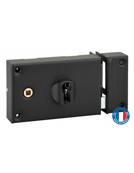 Boitier de serrure horizontale en applique double entrée à fouillot pour portail, droite, axe 60mm, 140x88mm, noir - THIRARD FBA