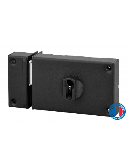 Boitier de serrure en applique double entrée pour porte de cave, pêne seul, gauche, axe 70mm, 140x88mm, noir - THIRARD FBA