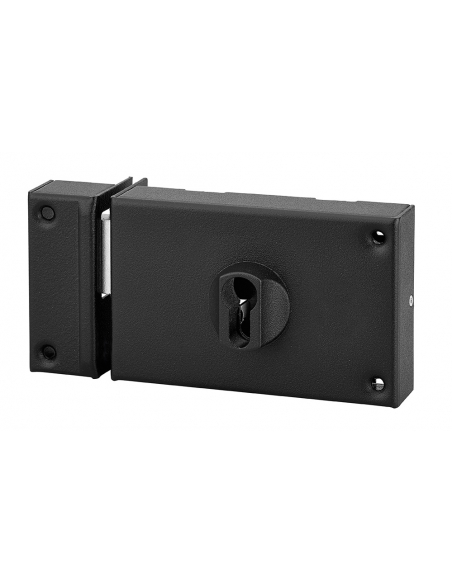 Boitier de serrure en applique double entrée pour porte de cave, pêne seul, gauche, axe 70mm, 140x88mm, noir - THIRARD FBA