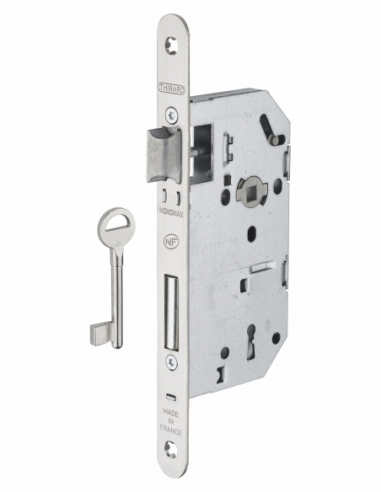 Serrure encastrable Monomax NF à clé pour porte de chambre, axe 50mm, bouts ronds, têtière inox, 1 clé - THIRARD FBA