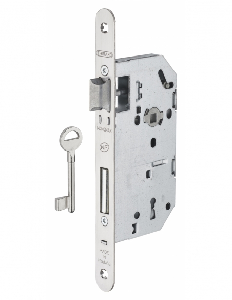 Serrure encastrable Monomax NF à clé pour porte de chambre, axe 50mm, bouts ronds, têtière inox, 1 clé - THIRARD FBA