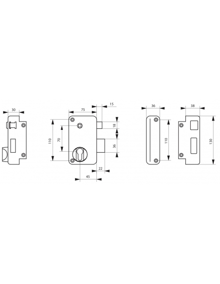 Boitier de serrure verticale en applique double entrée à fouillot pour entrée, droite, axe 45mm, 75x130mm, noir - THIRARD FBA
