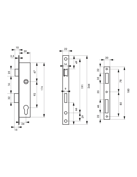 Boitier de serrure encastrable à cylindre pour menuiserie métallique, axe 24mm, bouts carrés, inox - THIRARD Serrures encastr...