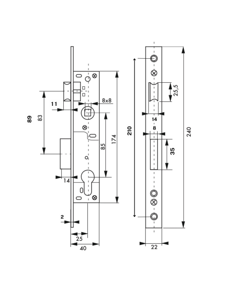 Boitier de serrure encastrable à cylindre pour menuiserie métallique, axe 25mm, bouts carrés, zingué - THIRARD Serrures encas...