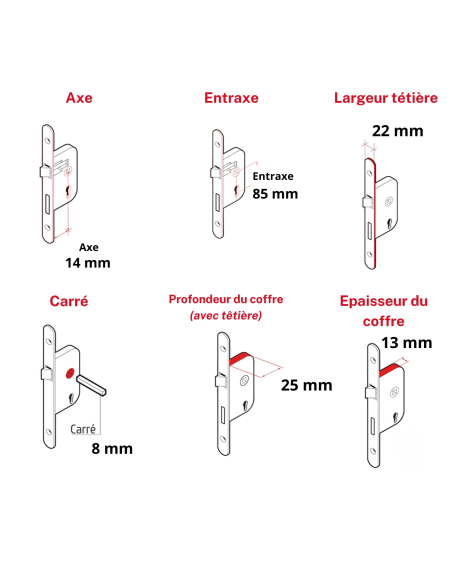 Serrure encastrable pour porte d'entrée avec cylindre en 30x30mm, axe 14mm, 3 clés - THIRARD Serrures encastrables