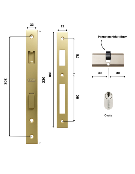 Serrure encastrable pour porte d'entrée avec cylindre en 30x30mm, axe 14mm, 3 clés - THIRARD Serrures encastrables