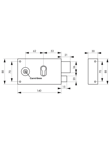 Boitier de serrure horizontale en applique double entrée à fouillot, carré 6 mm, droite, axe 53mm, 140x88mm, noir - THIRARD S...