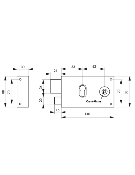 Boitier de serrure horizontale en applique double entrée, à fouillot, carré 6mm, gauche, axe 53mm, 140x88mm, noir - THIRARD S...