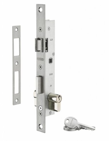 Serrure encastrable à cylindre pour menuiserie métallique, axe 16.5mm, bouts carrés, cylindre 30x30mm, zingué, 3 clés - THIRA...
