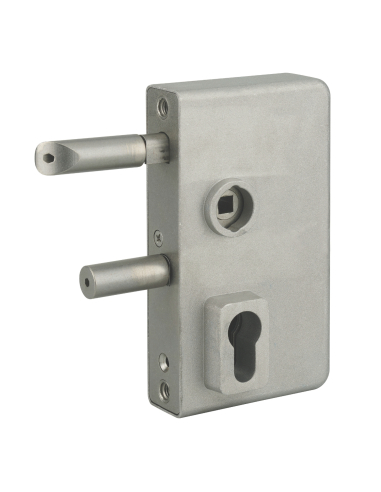 Boitier de serrure verticale à visser double entrée à fouillot pour portail, réversible, axe 58mm, aluminium - THIRARD Serrur...