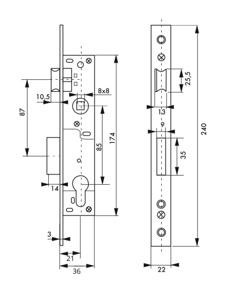 Boitier de serrure encastrable à cylindre pour menuiserie métallique, axe 20mm, bouts carrés, zingué - THIRARD FBA