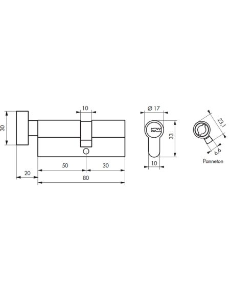 Cylindre de serrure à bouton 5G, 50Bx30mm, nickel, anti-arrachement, 5 clés - SP FBA