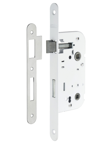 Serrure encastrable à condamnation pour porte de salle de bain et toilettes, axe 50mm, bouts ronds, blanche - THIRARD FBA