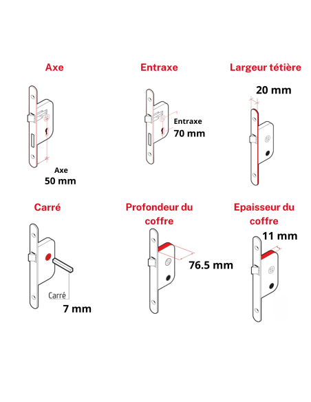 Boitier de serrure encastrable à crochet pour porte coulissante, axe 50mm, bouts carrés - THIRARD FBA