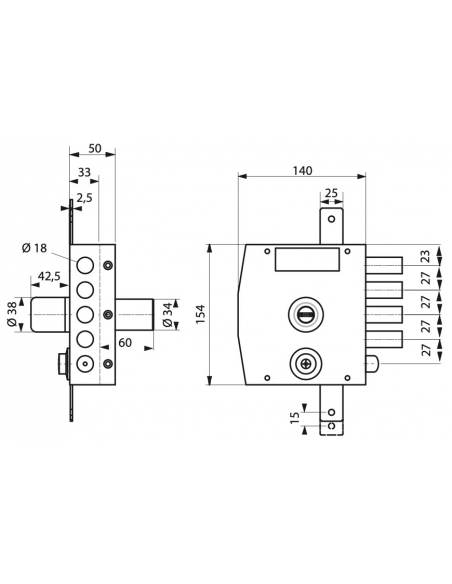 Serrure en applique à double entrée pour porte d'entrée, 154x140mm, 3 pts, droite, 5 clés - THIRARD FBA