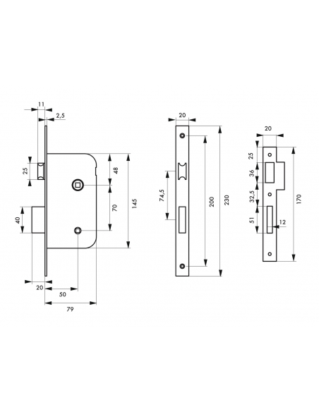 Serrure encastrable à condamnation pour porte de salle de bain et toilettes, axe 50 mm, bouts ronds, noir - THIRARD FBA
