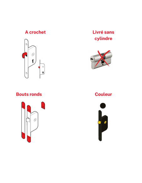 Boitier de serrure encastrable à crochet à cylindre pour porte coulissante, axe 50mm, bouts ronds - THIRARD FBA