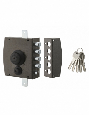 Serrure en applique à bouton pour porte d'entrée, 154x140mm, 3 pts, droite, 5 clés - THIRARD FBA