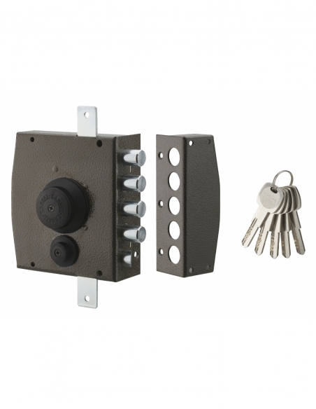 Serrure en applique à bouton pour porte d'entrée, 154x140mm, 3 pts, droite, 5 clés - THIRARD FBA