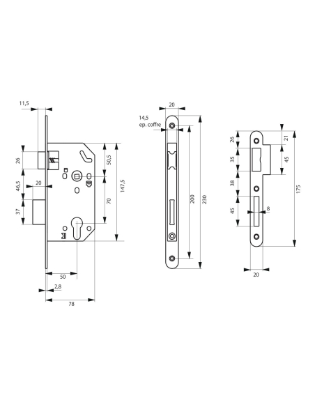 Serrure encastrable Unimax CE NFQC A2P* à cylindre pour porte d'entrée, axe50mm, bouts ronds, têtière noire - THIRARD Serrure...