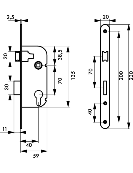 Boitier de serrure encastrable à cylindre pour porte d'entrée, axe 40mm, bouts ronds, blanc - THIRARD Serrures encastrables