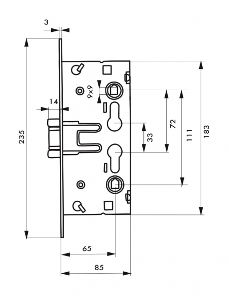 Boitier de serrure encastrable à cylindre pour porte de chaufferie, axe 65mm, industrie, bouts ronds, zingué - THIRARD FBA