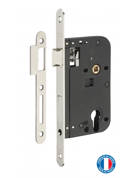 Boitier de serrure encastrable à cylindre pour porte d'entrée, axe 60mm, bouts ronds, nickelé - THIRARD FBA