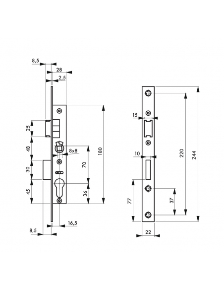 Boitier de serrure encastrable à cylindre pour menuiserie métallique, axe 16.5mm, bouts carrés, zingué - THIRARD FBA