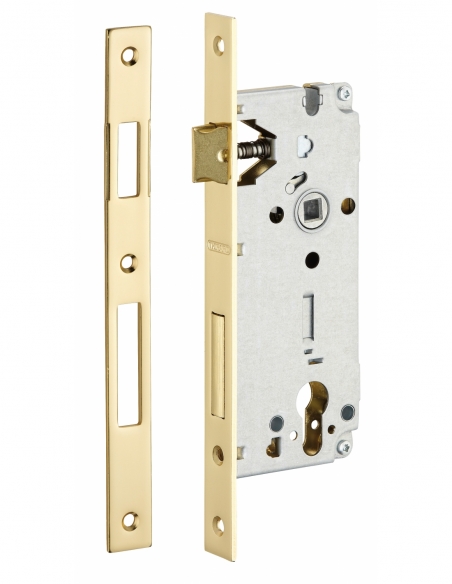 Boitier de serrure encastrable à cylindre pour porte d'entrée, axe 45mm, bouts carrés, têtière laitonnée - THIRARD FBA