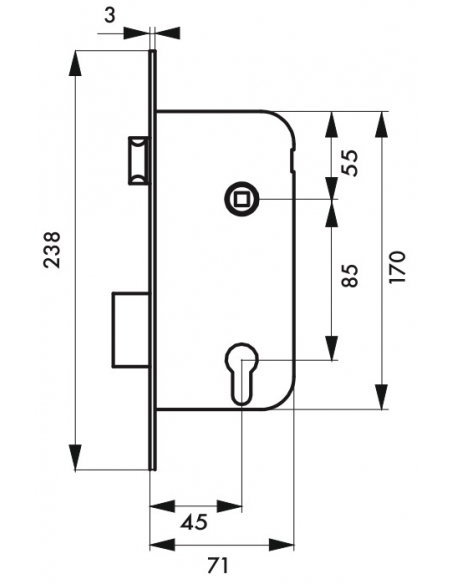 Boitier de serrure encastrable à cylindre pour porte d'entrée, axe 45mm, bouts carrés, têtière laitonnée - THIRARD FBA