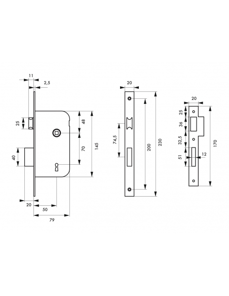 Serrure encastrable pêne dormant pour porte de chambre, axe 50mm, bouts ronds, noir - THIRARD FBA