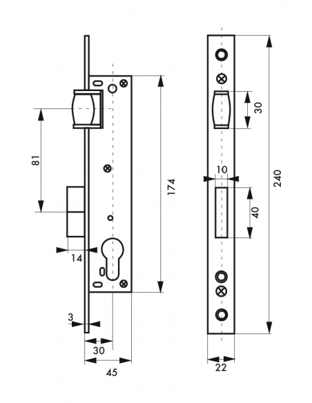 Boitier de serrure encastrable à rouleau à cylindre pour menuiserie métallique, axe 30mm, bouts carrés, zingué - THIRARD FBA