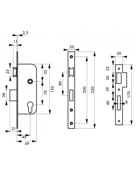 Boitier de serrure encastrable à cylindre pour porte d'entrée, axe 40mm, bouts carrés, noir - THIRARD FBA